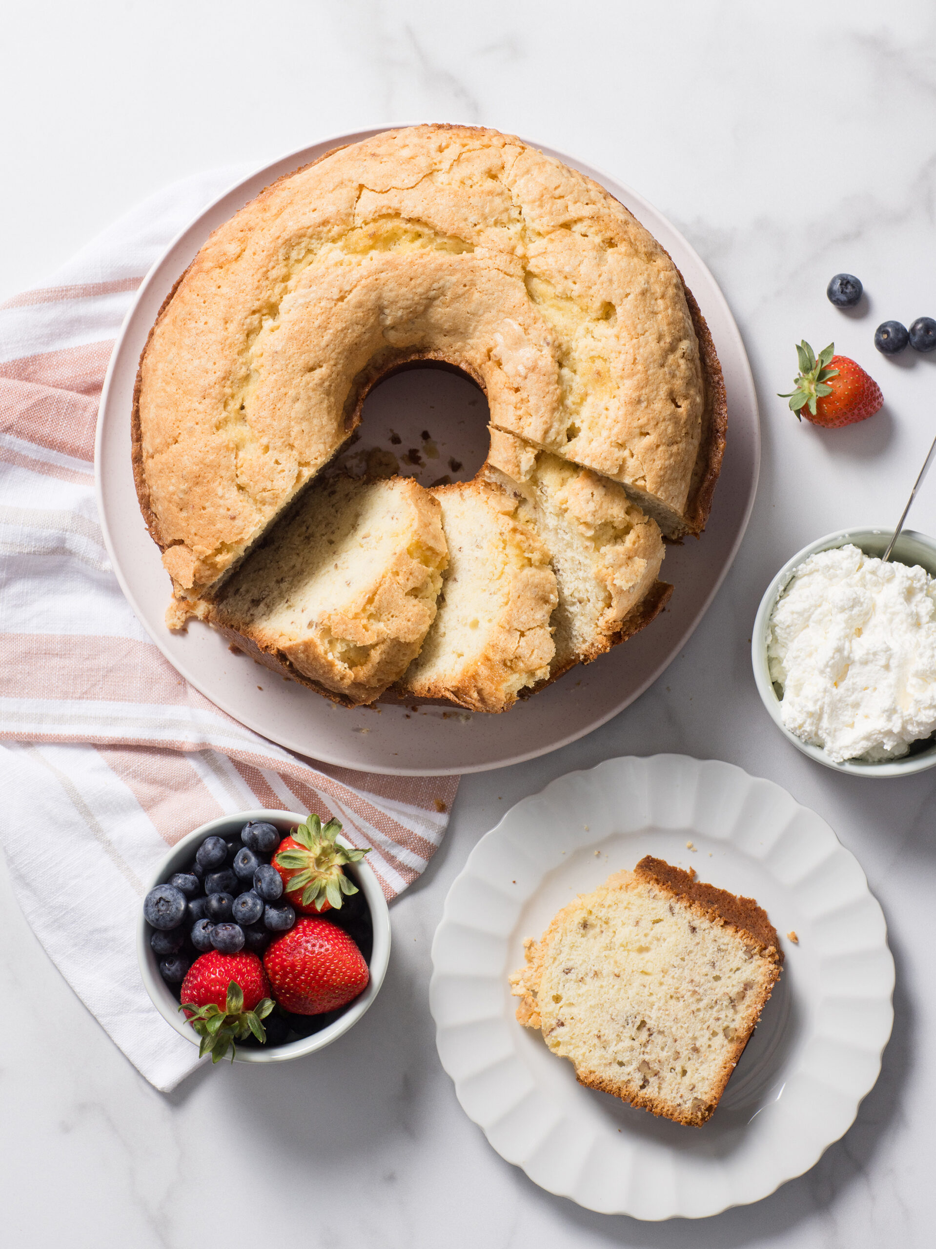 Overhead image of a sliced pound cake